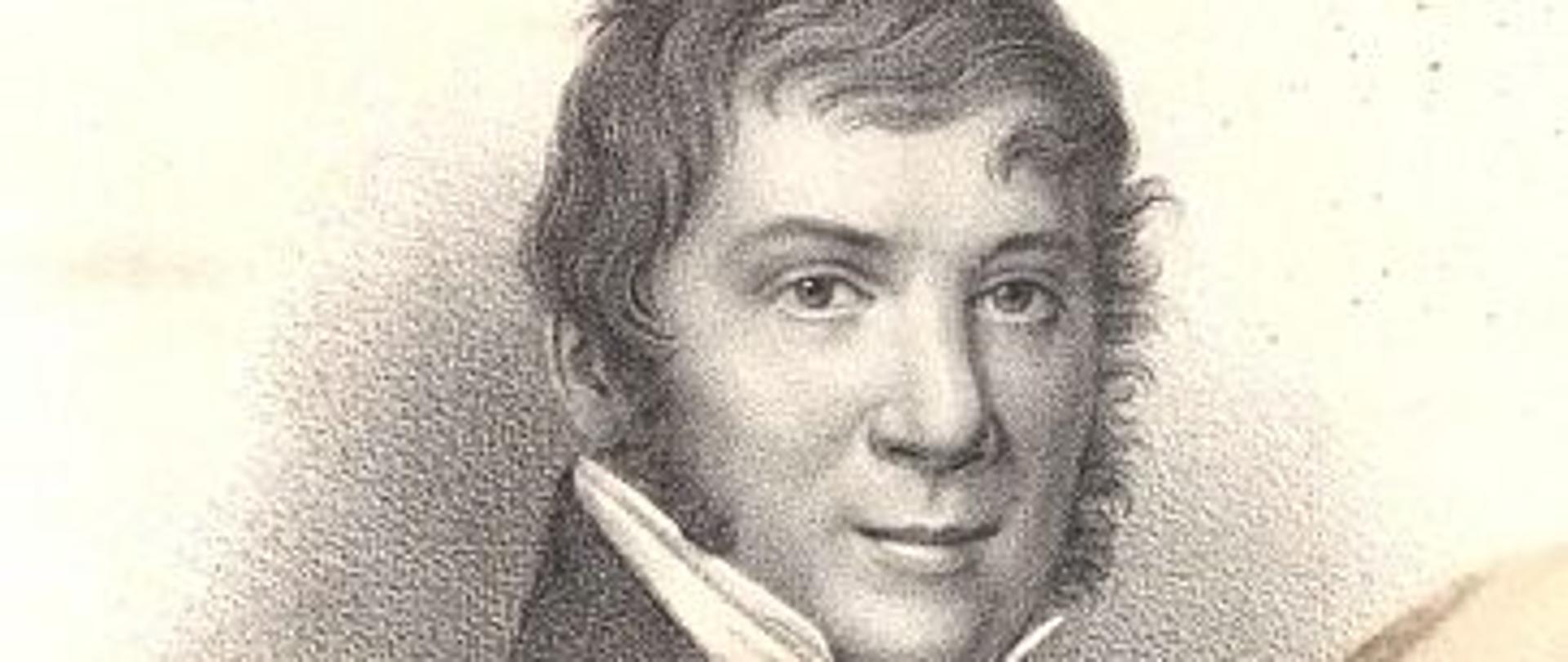 grafika przedstawiająca popiersie kompozytora Karola Kurpińskiego, tło - dół zdjęcia beżowy, góra kremowa, postać w kolorze sepii