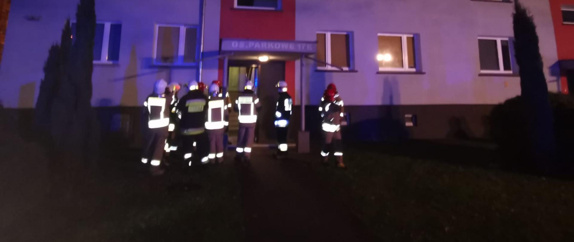 Strażacy przed budynkiem.