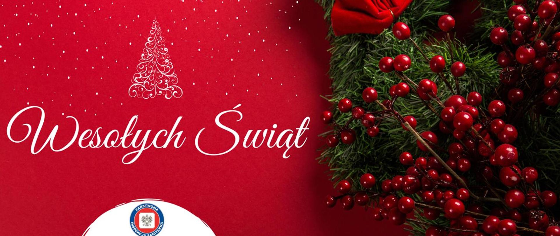 Grafika na czerwonym tle, w prawym roku widać świąteczny stroik wykonany z zielonych gałązek choinki i czerwonego głogu jarzębiny.
Po lewej stronie na górze widoczna jest biała choinka pod nią biały napis Wesołych Świąt. Na samym dole znajduje się logo Inspekcji Sanitarnej.