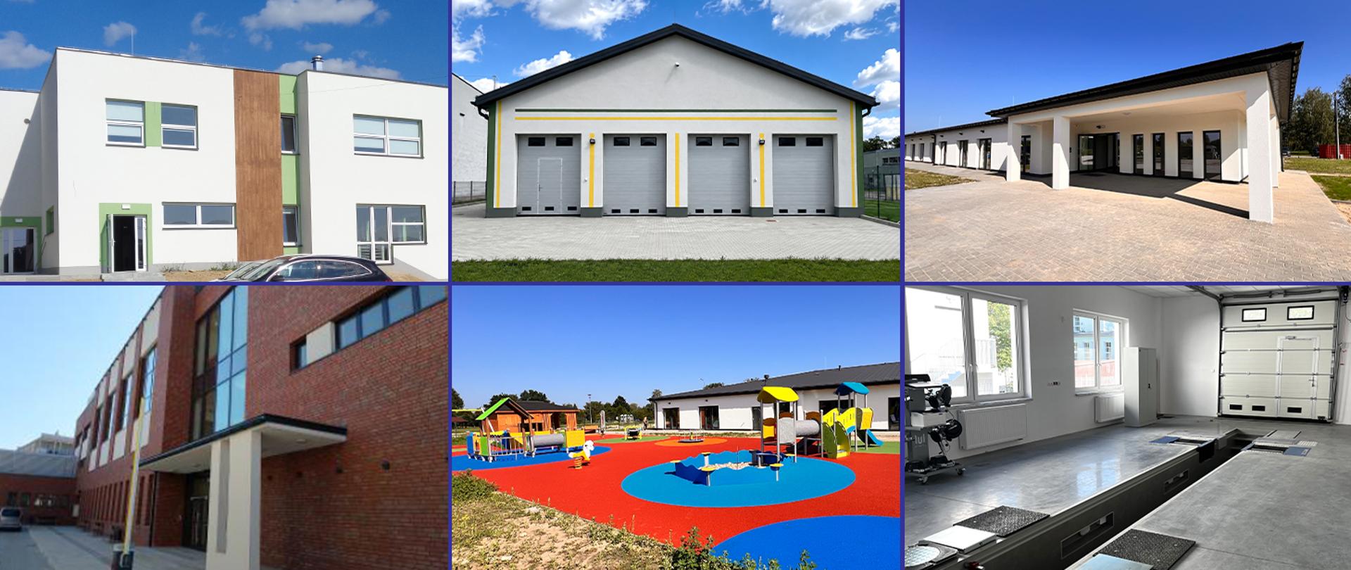 1. Jasny, dwukondygnacyjny budynek przedszkola przy ul. Pallotyńskiej 4 w Sandomierzu.
2. Front parterowego budynku zaplecza dydaktycznego w Sandomierzu z czterema bramami.
3. Boczna elewacja parterowego budynku zaplecza dydaktycznego w Sandomierzu i utwardzony teren przed budynkiem.
4. Ceglana elewacja szkoły podstawowej przy ul. Grochowej 23 w Krakowie z dużymi przeszkleniami i zadaszonym wejściem.
5. Plac zabaw przy żłobku w Walendowie z kolorową nawierzchnią poliuretanową i urządzeniami dla dzieci.
6. Wnętrze pracowni warsztatowej w Sandomierzu z samochodem i stanowiskami do praktycznej nauki zawodu.

