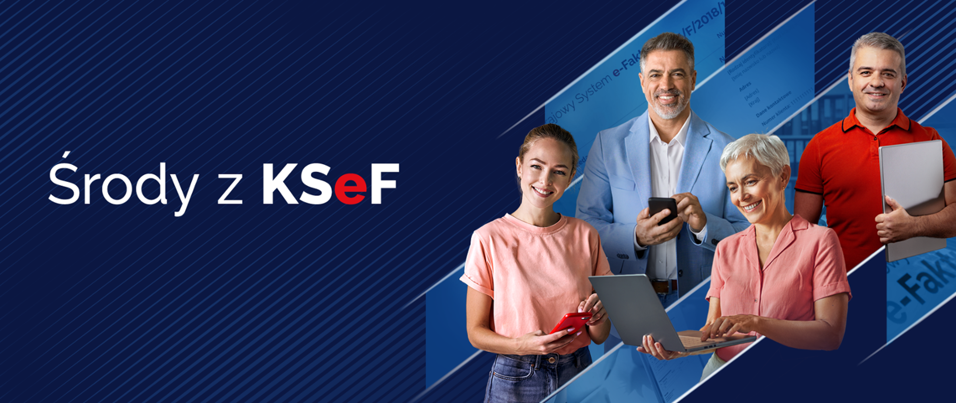 Napis Środy z KSef oraz dwie kobiety i dwóch mężczyzn - uśmiechają się i trzymają w rękach laptopy i telefony.