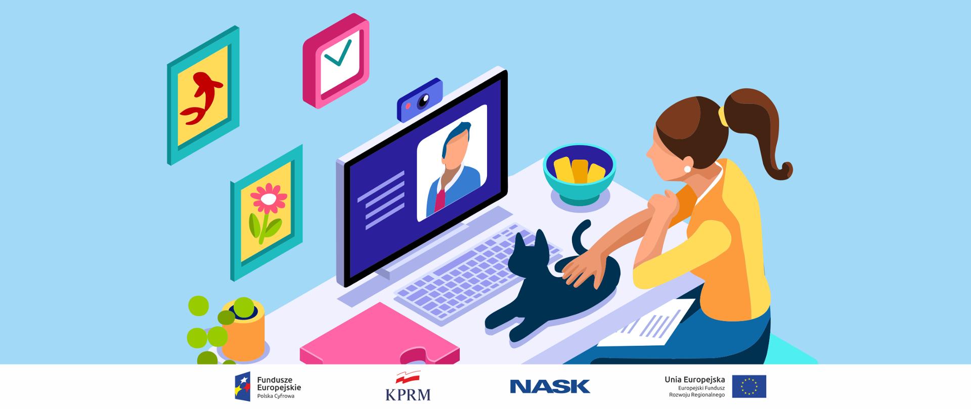 Grafika wektorowa - kobieta siedzi przed komputerem, bierze udział w wideokonferencji. Głaszcze kota leżącego na biurku, przed klawiaturą komputera. Na ścianie przed nią wiszą kolorowe obrazki.