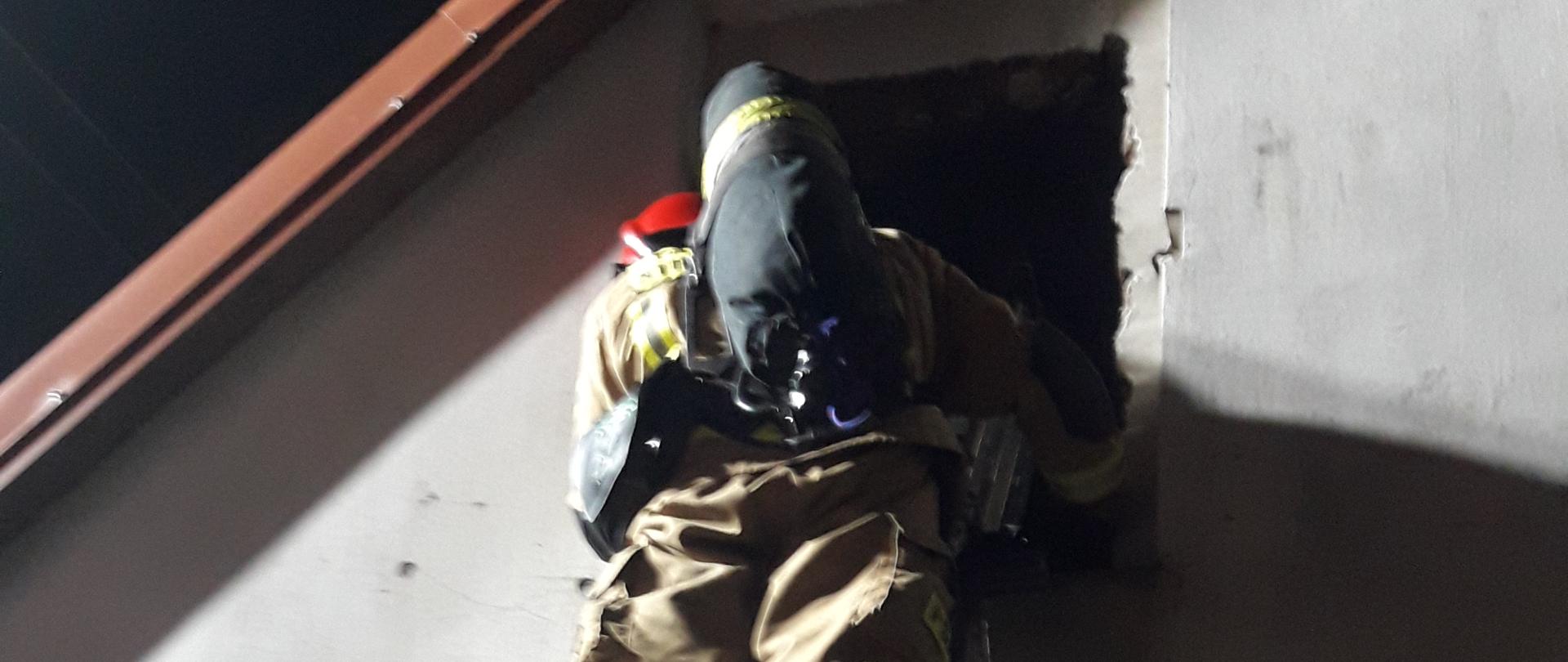 Strażak stoi na drabinie i gasi pożar.