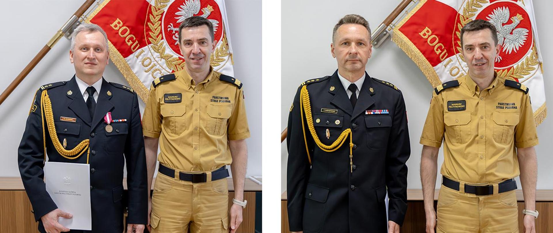 Komendant główny PSP wraz funkcjonariuszem pozuje do zdjęcia. W tle sztandar komendy głównej.