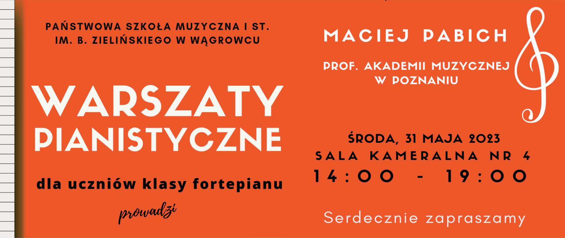 Na banerze znajduje się fragment klawiatury oraz informacje dotyczące warsztatów pianistycznych z Maciejem Pabichem w Państwowej Szkole Muzycznej I st. w Wągrowcu