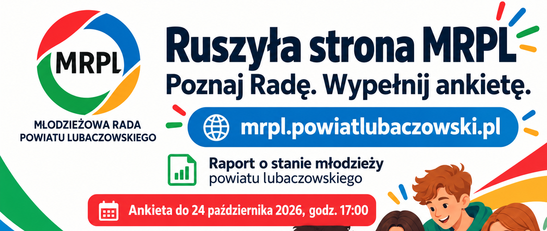 Plakat ma jasne tło z dynamicznymi, kolorowymi falami w lewym dolnym rogu (zielona, niebieska, żółta) oraz rysunkową grafiką przedstawiającą czworo uśmiechniętych nastolatków korzystających wspólnie z laptopa i smartfona. Obok nich widoczna jest ikona ankiety z zaznaczonym ptaszkiem.