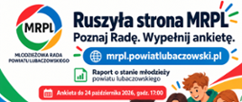 Plakat ma jasne tło z dynamicznymi, kolorowymi falami w lewym dolnym rogu (zielona, niebieska, żółta) oraz rysunkową grafiką przedstawiającą czworo uśmiechniętych nastolatków korzystających wspólnie z laptopa i smartfona. Obok nich widoczna jest ikona ankiety z zaznaczonym ptaszkiem.