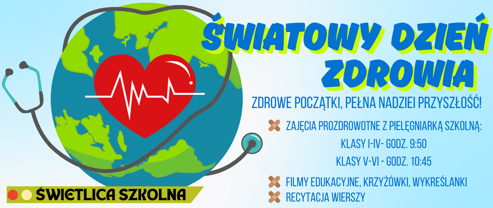 Na kolorowym tle z motywem kuli ziemskiej informacja: Światowy Dzień Zdrowia w OSM I st. w Piszu 04.04.2025r.