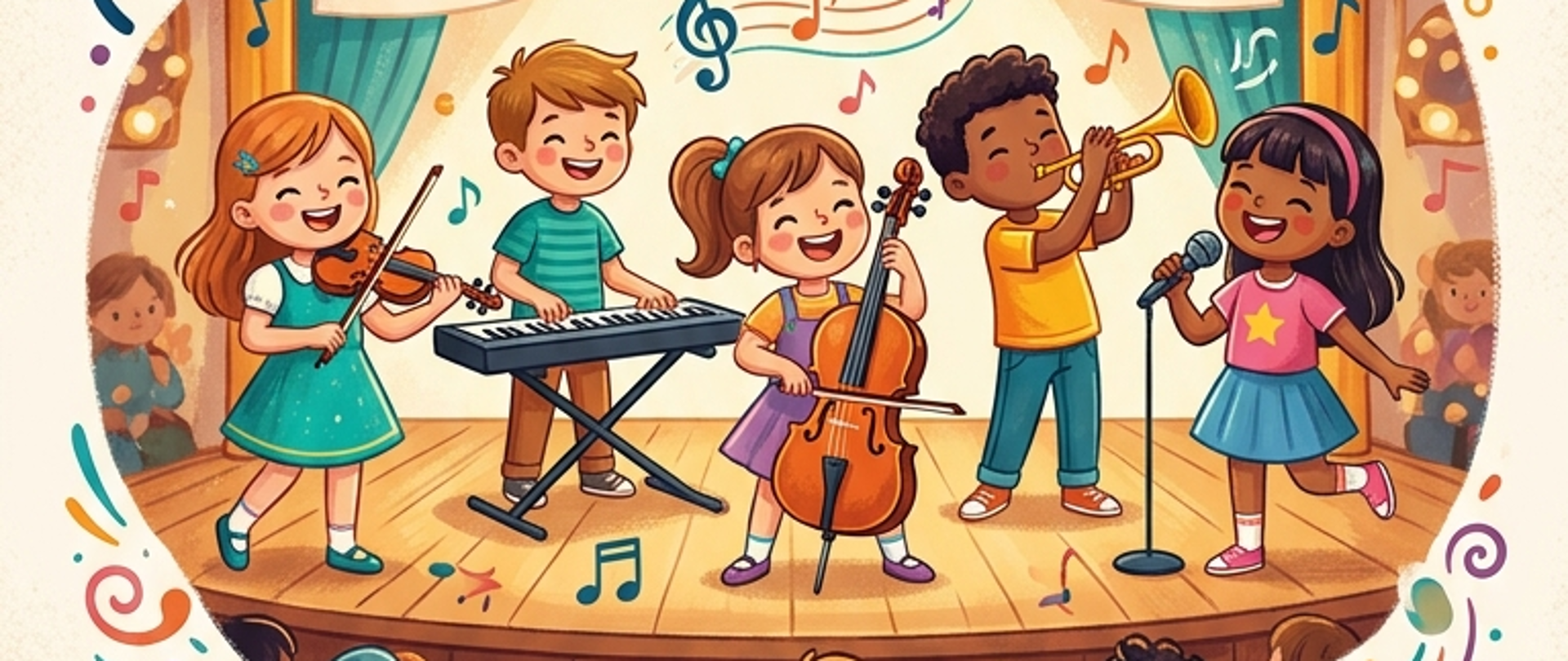 Pionowy, ilustrowany plakat w ciepłych kolorach zapraszający na „Koncert uczniów klas 1”.
W górnej części widnieje kolorowy napis tytułowy otoczony gwiazdkami i nutkami. Głównym elementem graficznym jest scena, na której występuje pięcioro uśmiechniętych dzieci grających na instrumentach: skrzypcach, keyboardzie, wiolonczeli, trąbce oraz dziewczynka śpiewająca do mikrofonu. Nad nimi wiszą proporczyki z napisami „Muzyka!” oraz „Radość!”. Całość utrzymana jest w radosnym, bajkowym stylu.
W dolnej części plakatu znajdują się kluczowe informacje:
Data: 31.03.2026
Godzina: 17:00
Miejsce: Aula PSM I st. w Choszcznie
Na samym dole widnieje logo oraz pełna nazwa organizatora: Państwowa Szkoła Muzyczna I st. w Choszcznie.