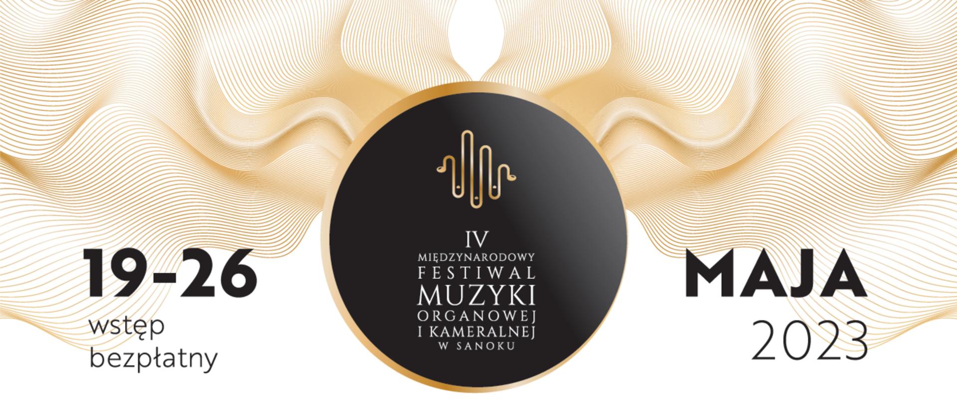 Baner Międzynarodowego Festiwalu Muzyki Organowej i Kameralnej. Czarne litery, w tle złote fale i czarne koło