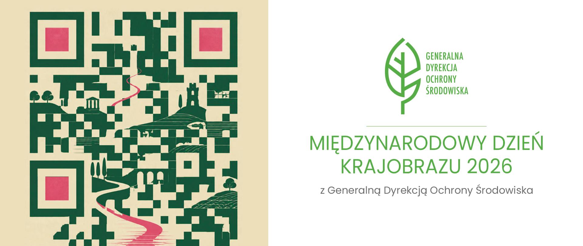 Na grafice przedstawiono stylizowany kod QR, w którego wnętrzu umieszczono elementy krajobrazu, takie jak wzgórza, drzewa, drogi oraz zabytkowe budowle. Kompozycja łączy nowoczesną formę z motywami przyrodniczymi i kulturowymi, zachęcając do odkrywania wartości otaczającej przestrzeni. Po prawej stronie znajduje się logo Generalnej Dyrekcji Ochrony Środowiska oraz informacja o Międzynarodowym Dniu Krajobrazu 2026. Całość utrzymana jest w stonowanej kolorystyce z zielonymi i różowymi akcentami, podkreślającymi związek wydarzenia z krajobrazem i ochroną środowiska.
