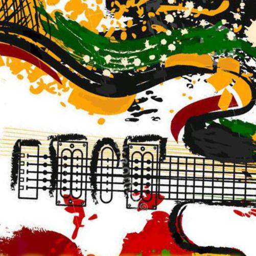 Fragment gitary akustycznej namalowanej czarnym konturem oraz pokolorowana na zielono, żółto brązowo z kleksami nad gitarą.