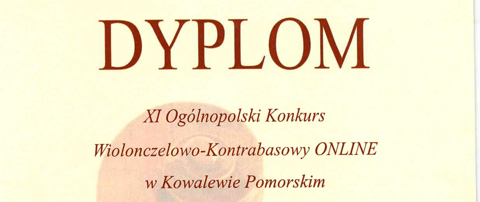 jasne tło, brązowe napisy, grafika wiolonczeli XI Ogólnopolski Konkurs Wiolonczelowo-Kontrabasowy ONLINE w Kowalewie Pomorskim, wyróżnienie, Julia Gąsiewska, Kowalewo Pomorskie 30 kwietnia 2025 r.
