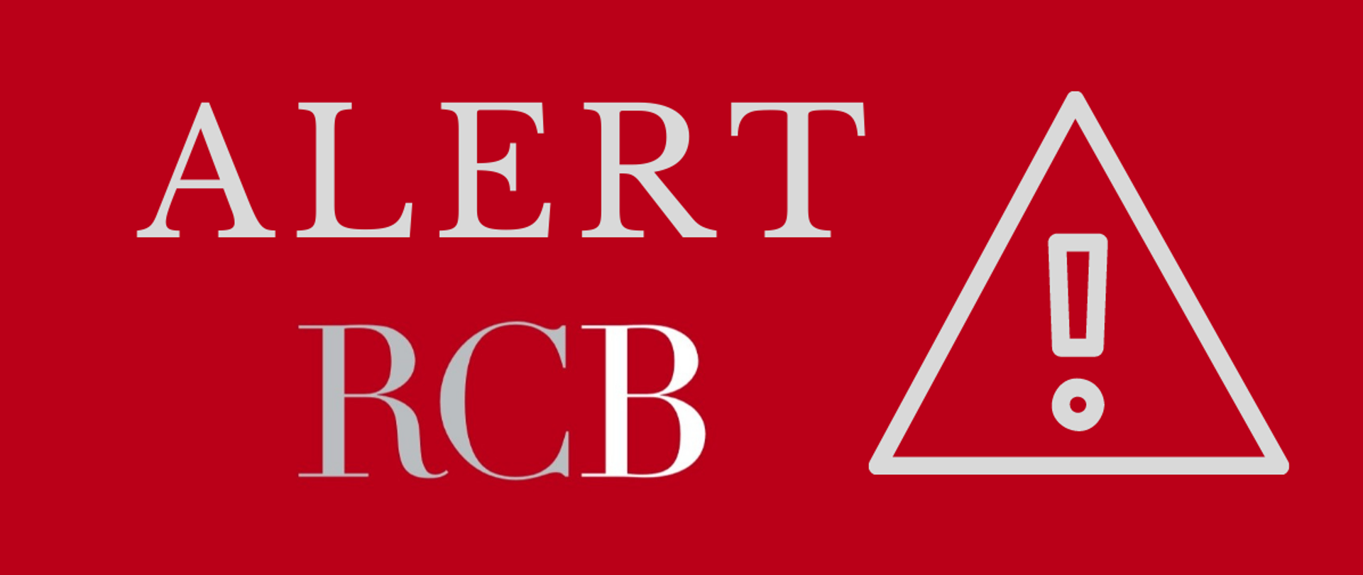 Logotyp alertu RCB. Napis Alert RCB i znak ostrzegawczy na czerwonym tle.