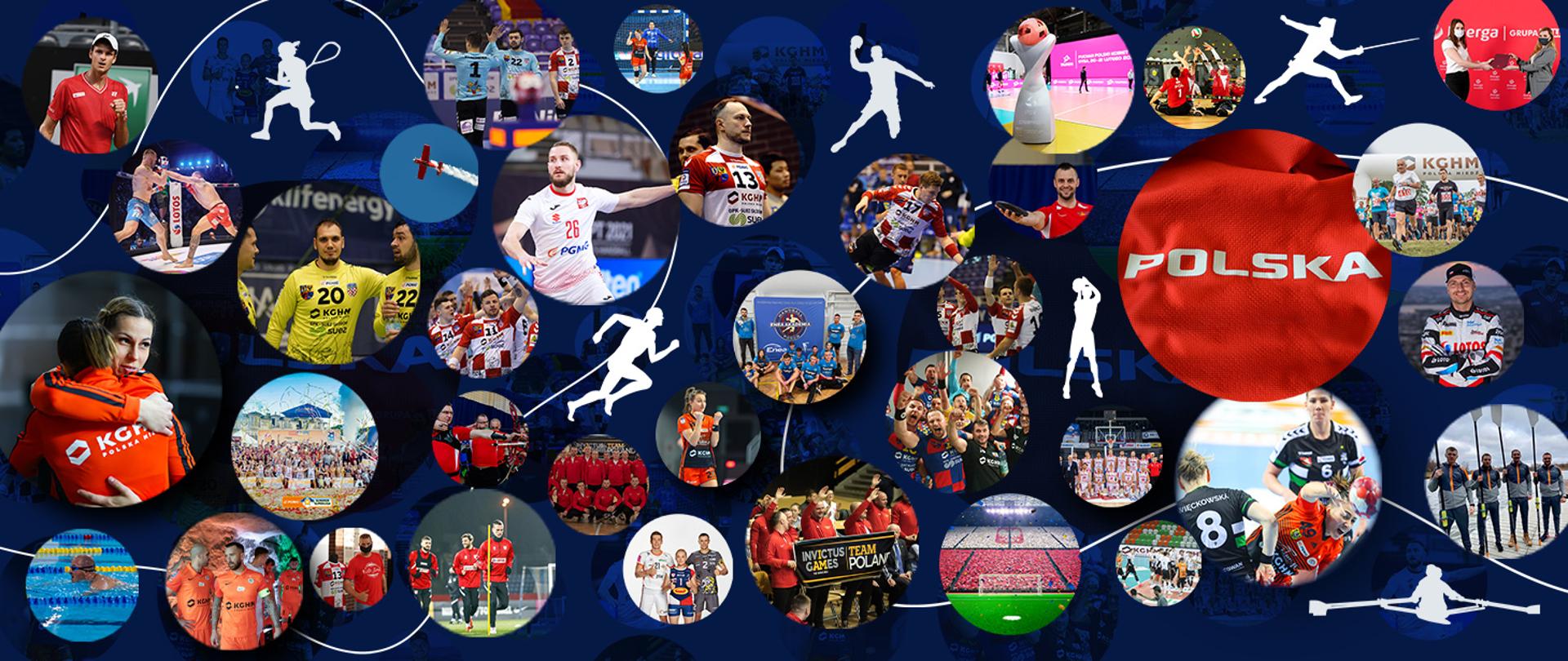 Grafika z wizerunkami sportowców. Niebieskie tło. W kołach wizerunki sportowców różnych dyscyplin sportowych.