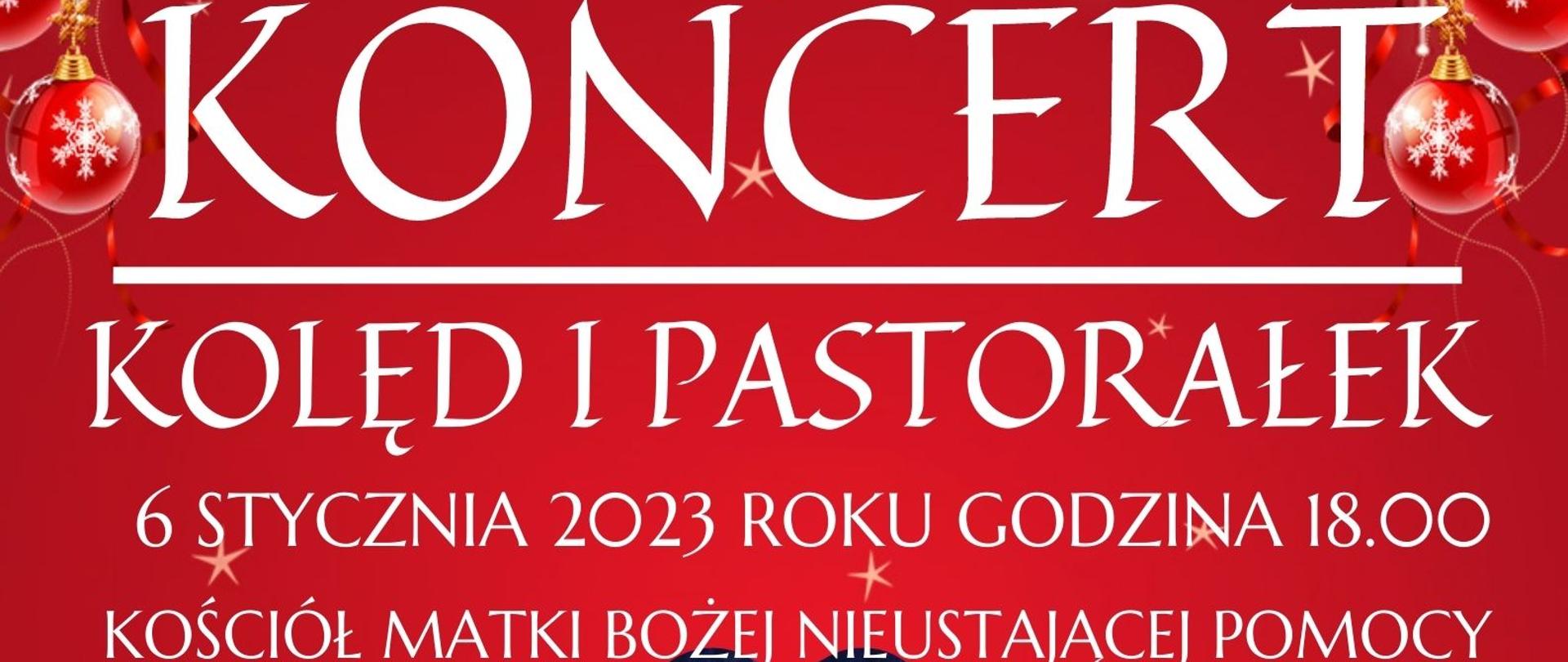 Grafika informująca o koncercie kolęd i pastorałek. Tło czerwone, wkoło motywy świąteczne, logo szkoły.