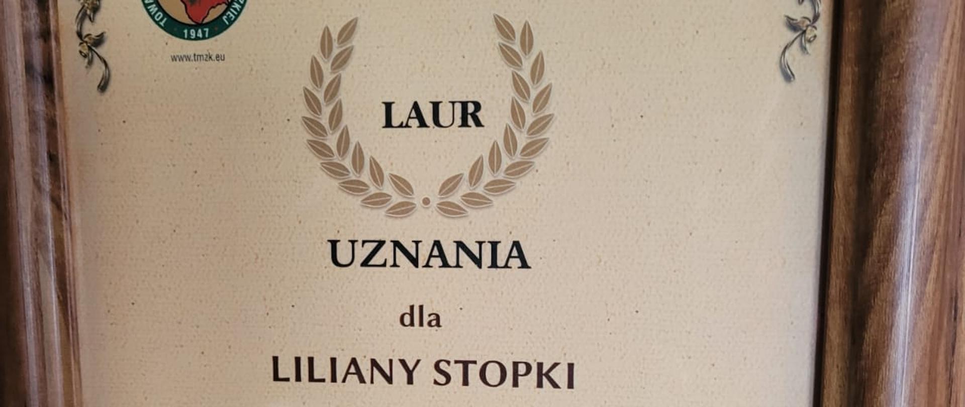 Dokument z laurem uznania dla Liliany Stopki od Adama Łąckiego prezesa Towarzystwa Miłośników Ziemi Kłodzkiej wraz szczegółowymi podziękowaniami w formie tekstowym. Całość oprawiona w ramie.