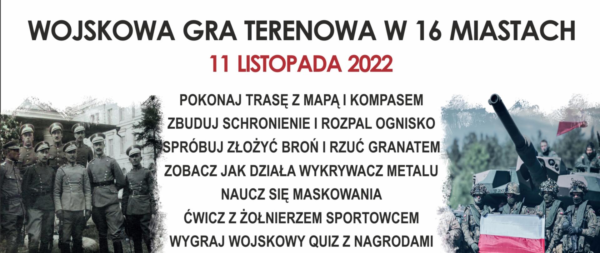 Treść zaproszenia do gry wojskowej oraz dwa zdjęcia przedstawiające wojskowych