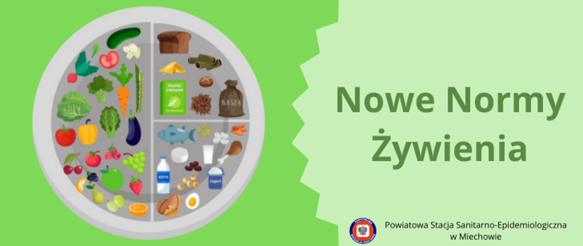 Na zielonym tle po lewej stronie znajduje się Talerz Zdrowia, po prawej stronie znajduje się jasno zielone ząbkowane pole z napisem Nowe Normy Żywienia. W dolnej części jasno zielonego pola znajduje się logo Państwowej Inspekcji Sanitarnej oraz napis Powiatowa Stacja Sanitarno-Epidemiologiczna w Miechowie.