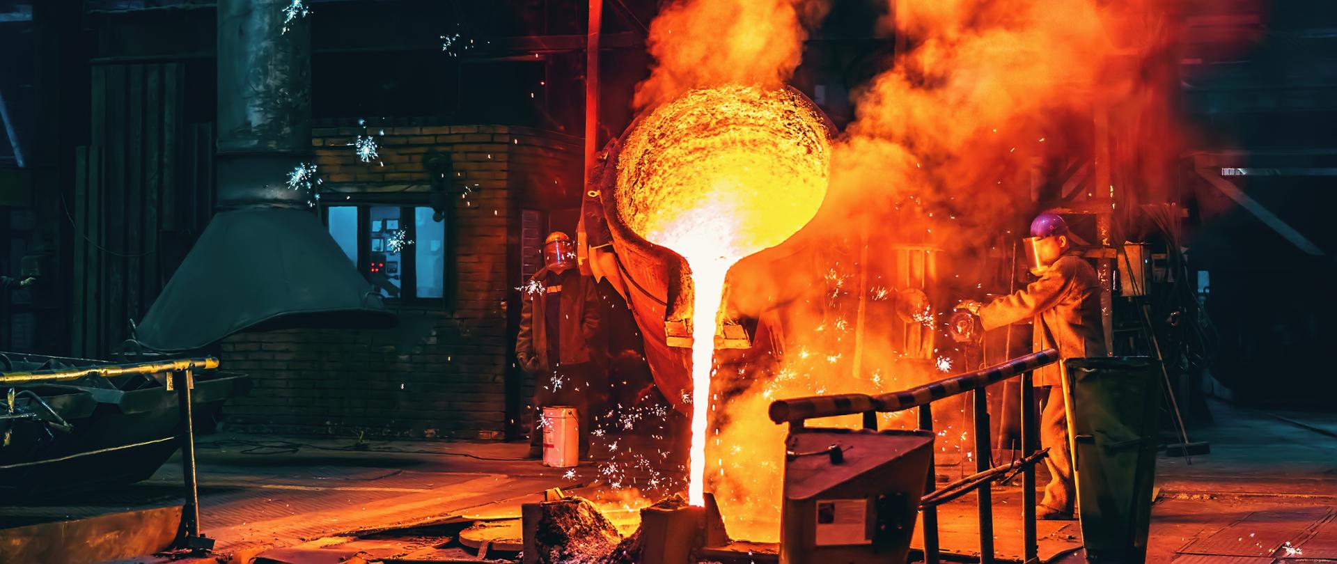 Liquid iron molten metal pouring in container, industrial metallurgical factory, foundry cast, heavy industry background.