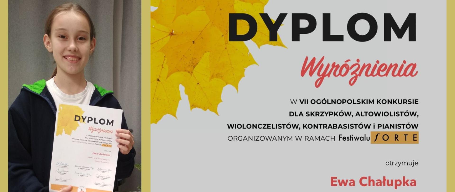 Projekt na żółtym tle zawierający po lewej stronie zdjęcie a po prawej fragment dyplomu. Zdjęcie przedstawia uczennicę w granatowej bluzie na zamek i białej koszulce trzymającą przed sobą dyplom. Fragment dyplomu ma białe tło. W lewym górny rogu wstawiona jest grafika - żółty liść. Resztę stanowią napisy w czarnym i czerwonym kolorze: dyplom, wyróżnienie, nazwa konkursu, imię i nazwisko uczennicy, nazwa szkoły, imię i nazwisko nauczyciela.