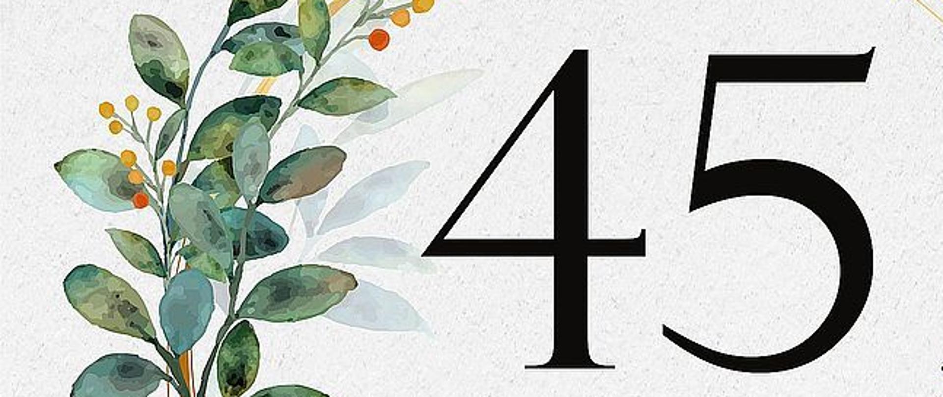 Plakat informujący o Koncercie Jubileuszowym z okazji 45-lecia PSM I stopnia w Jarocinie. W części centralnej plakatu znajduje się wieniec laurowy z napisem w środku o treści "45 lat".