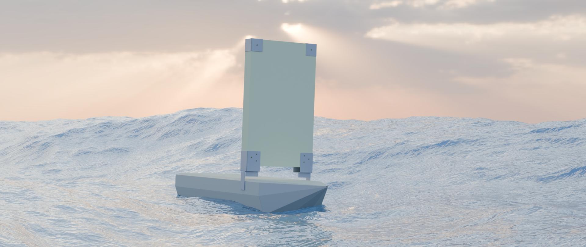 Grafika - wizualizacja kanciastej szarej łodzi z prostokątnym sztywnym żaglem na dużej morskiej fali, w tle słońce przebijające zza chmur.