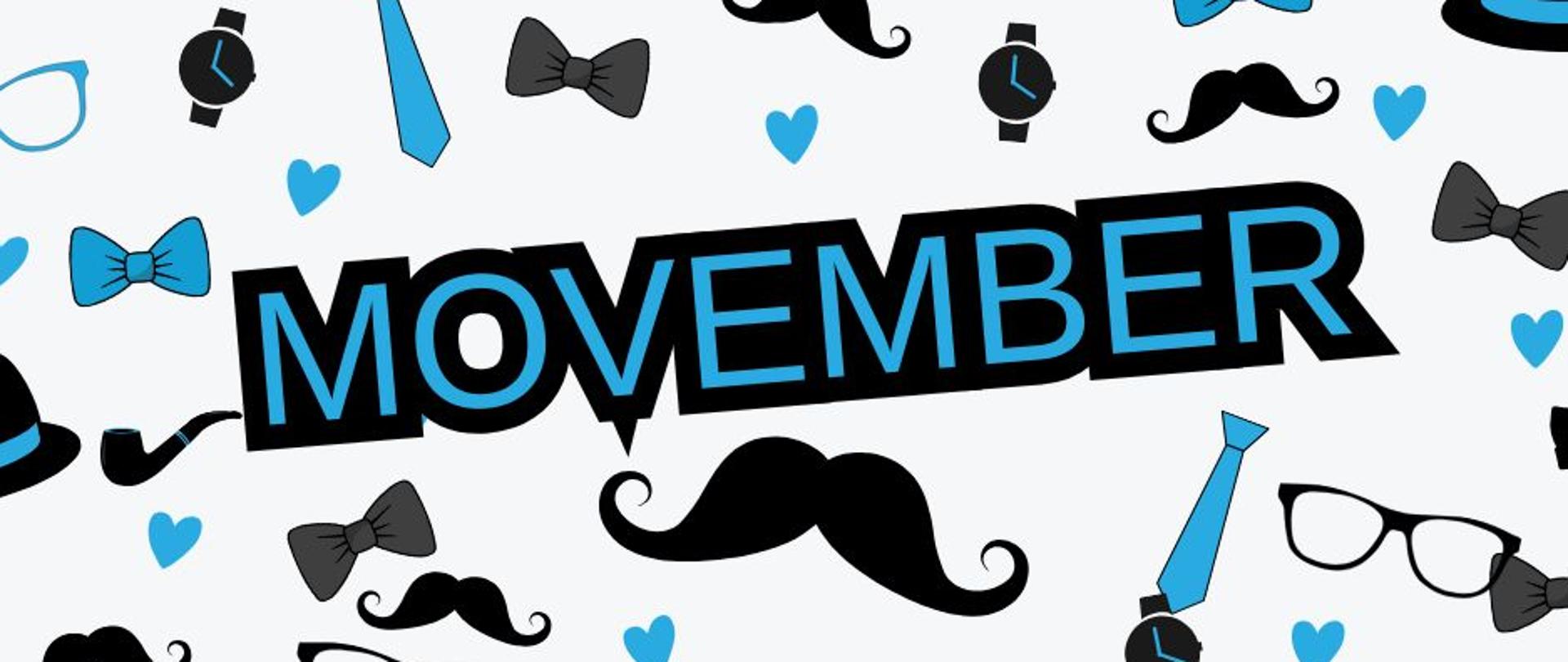 grafika z napisem movember oraz obrazkami: kapelusz, wąsy, muszka, krawat, zegarek, fajka