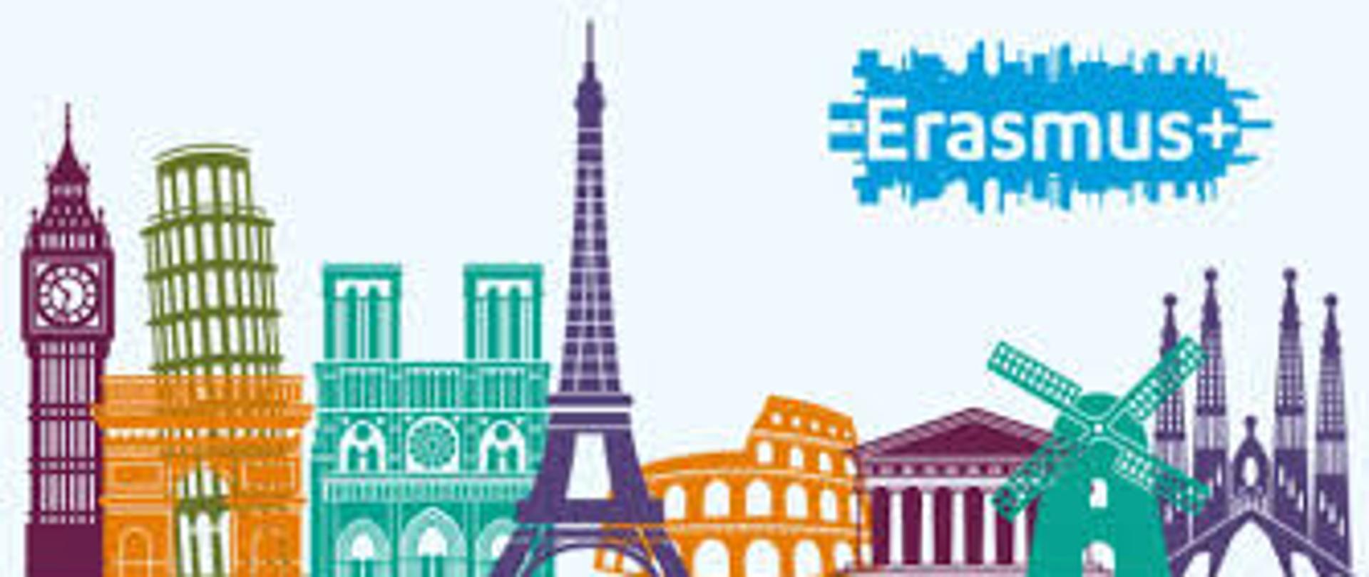 Logo Erasmus+ i budynki kolorowe ze świata