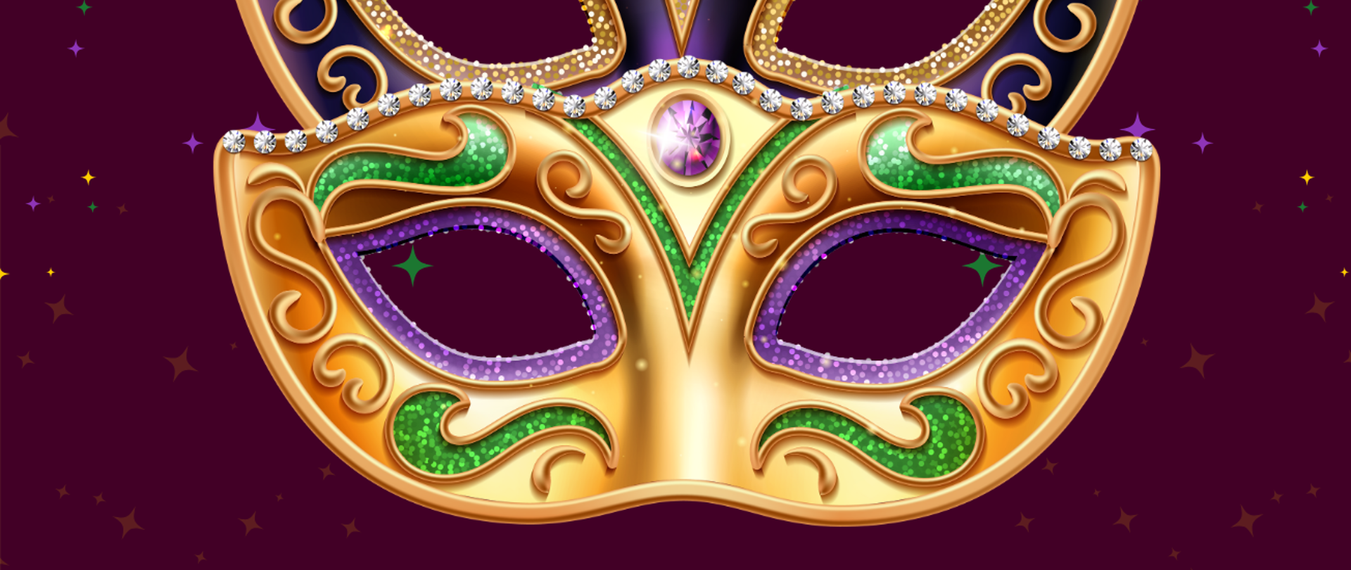 Plakat koncertu z grafiką dwóch błyszczących masek karnawałowych na fioletowym tle