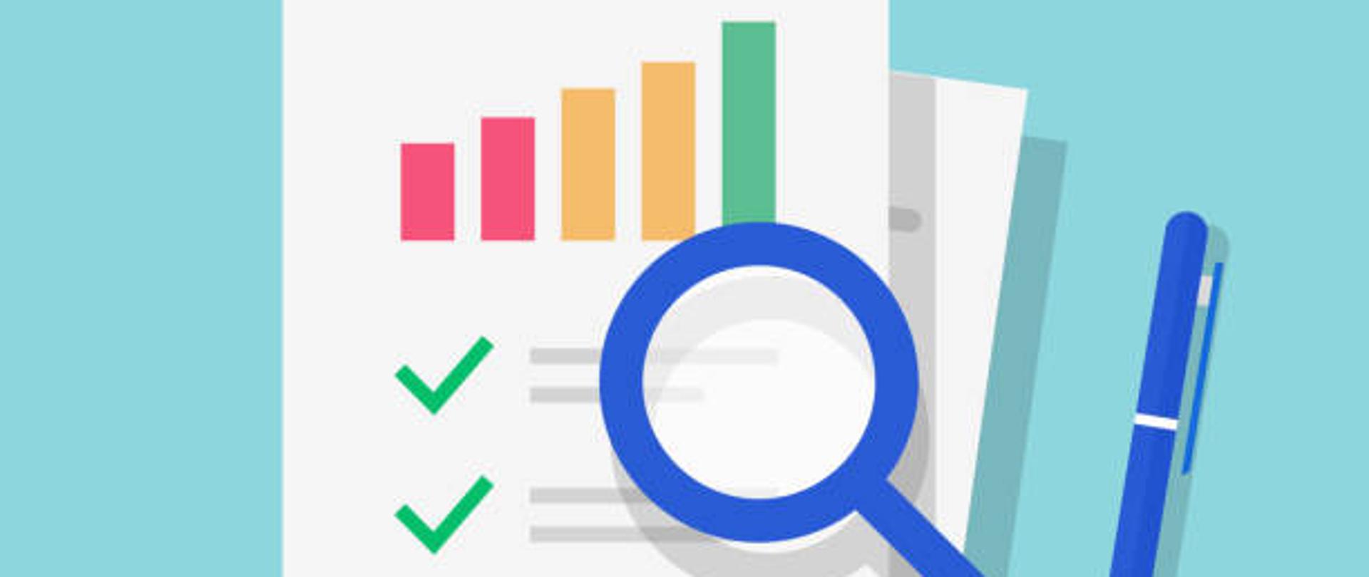 Audit report or research of sales financial data vector flat cartoon icon, tax analyze on paper sheet documents with check marks or fraud analysis, digital investigation results modern design cut out