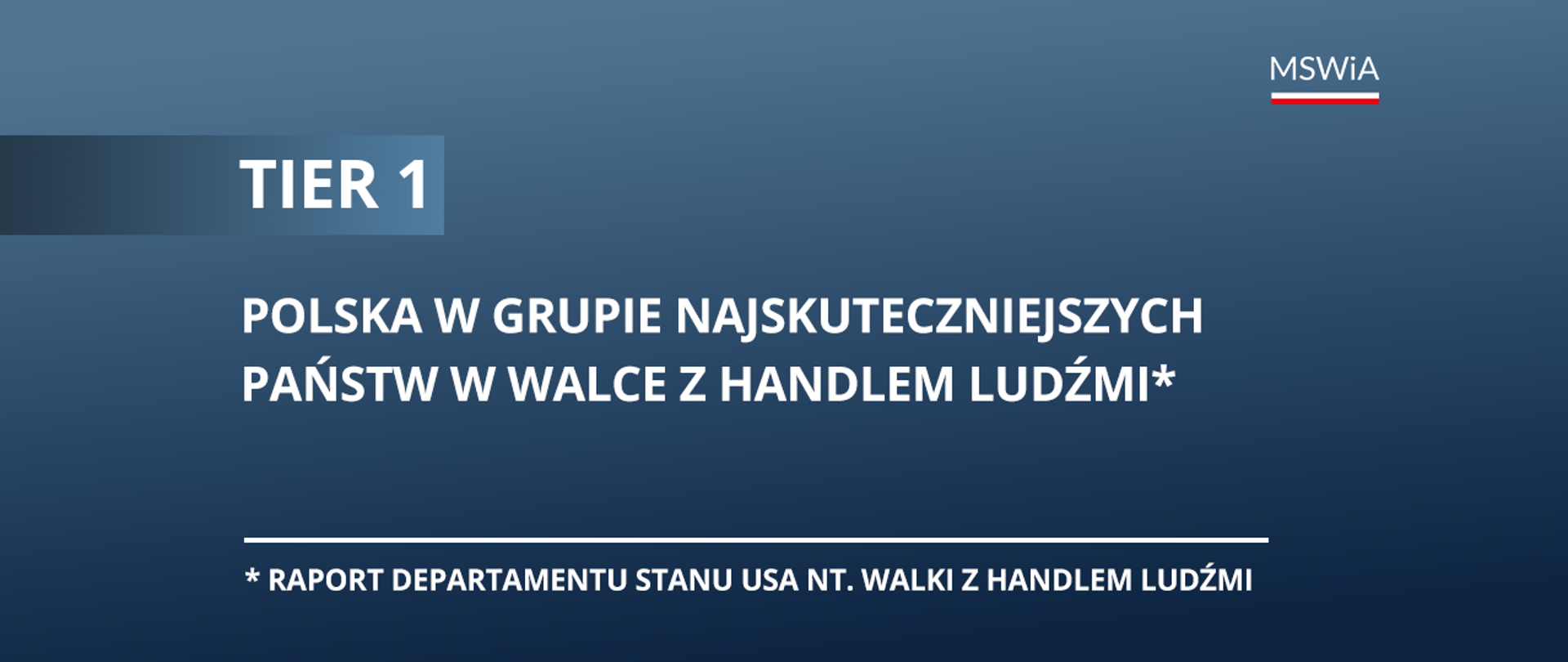 Granatowe tło, po lewej stronie logotyp MSWiA. Biały napis TIER 1, a później Polska w grupie najskuteczniejszych państw w walce z handlem ludźmi*. Pod kreską mniejszymi literami *Raport Departamentu Stanu USA nt. walki z handlem ludźmi