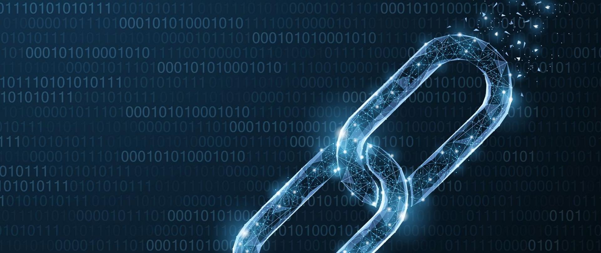Abstrakcyjna ilustracja z ogniwami łańcucha, w tle zera i jedynki