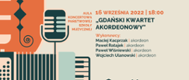 Plakat z informacjami na temat koncertów w ramach III Grudziądzkich Wieczorów Muzycznych. Na jasnym tle informacje oraz po lewej stronie grafiki przedstawiające kontrabas, mikrofon oraz akordeon.