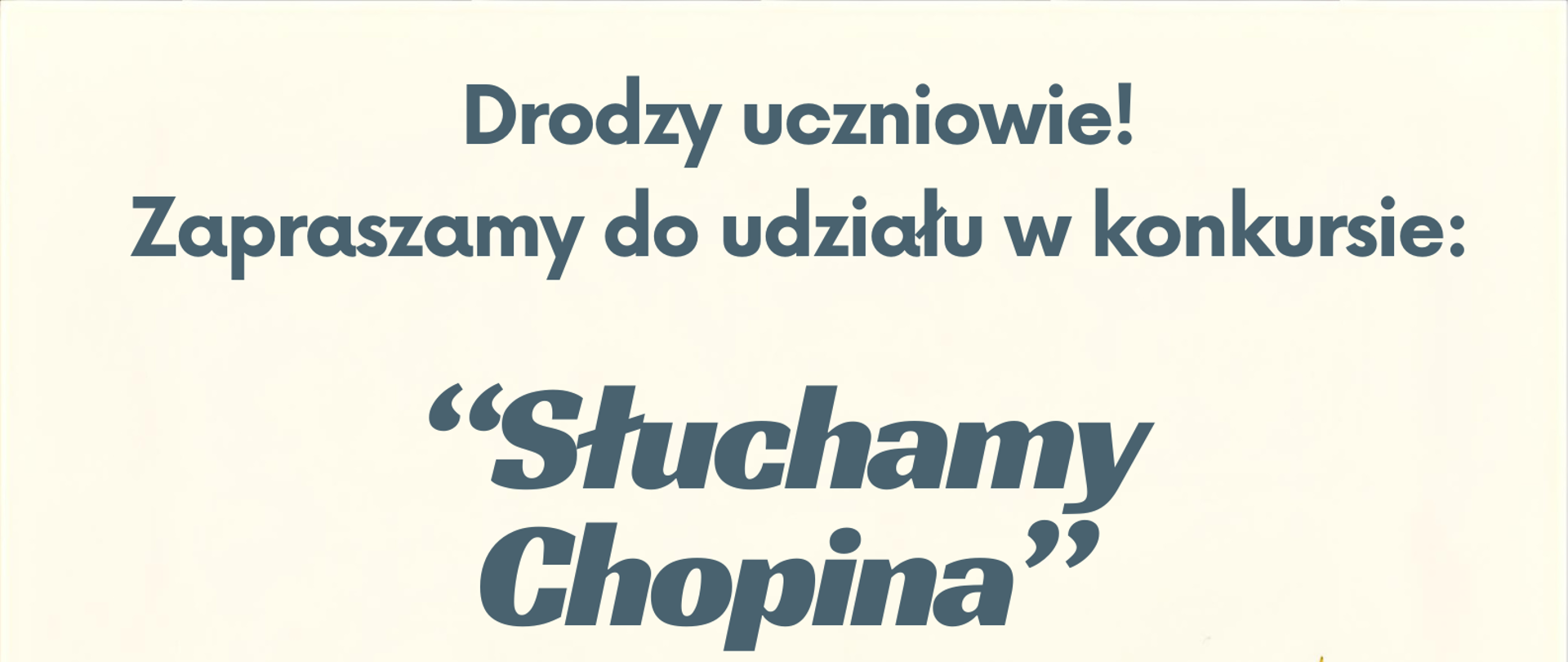 Błękitne słuchawki na tle rozsypanych nut informujące o konkursie szkolnym ze znajomości kompozycji Chopina