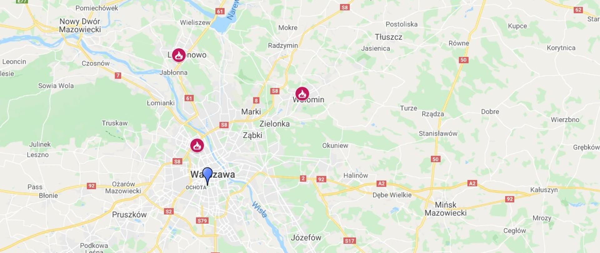 Mapa z wykazem sal edukacyjnych "Ognik przedstawiająca Warszawę i okolice wraz Powiatem wołomińskim i salą znajdującą się w Komendzie Powiatowej Państwowej Straży Pożarnej w Wołominie