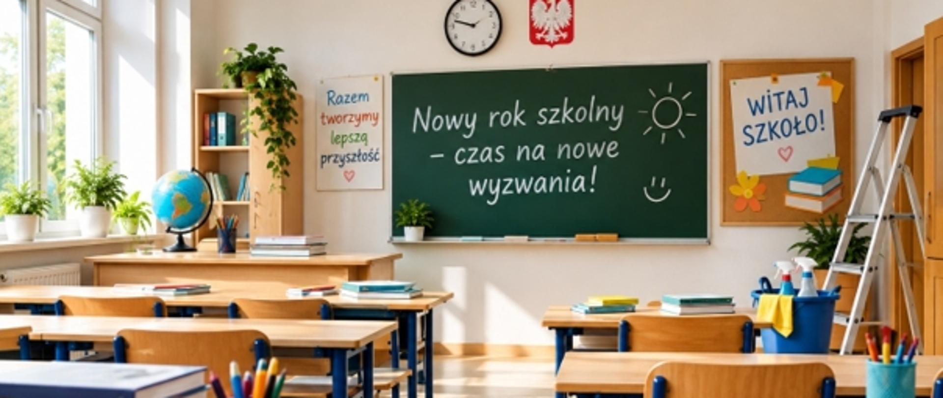Na zdjęciu znajduje się jasna, przestronna sala lekcyjna w polskiej szkole, przygotowana na rozpoczęcie nowego roku szkolnego. W pomieszczeniu stoją liczne drewniane ławki i krzesła z niebieskimi elementami. Na ławkach leżą kolorowe książki, zeszyty i przybory szkolne, a w kubkach znajdują się kredki i ołówki.
Na środku tylnej ściany wisi duża zielona tablica. Białą kredą napisano: „Nowy rok szkolny – czas na nowe wyzwania!”, obok narysowano słońce i uśmiechniętą buźkę. Nad tablicą znajduje się godło Polski, a po jego lewej stronie zegar pokazujący około godziny 10.
Po lewej stronie sali są duże okna, przez które wpada dużo naturalnego światła. Na parapetach stoją rośliny doniczkowe. W pobliżu znajduje się globus oraz półka z książkami.
Po prawej stronie wisi tablica korkowa z napisem „WITAJ SZKOŁO!”, ozdobiona sercem, kwiatkiem i obrazkami książek. Obok stoi drabina oraz niebieskie wiadro ze środkami do sprzątania.
Cała sala jest kolorowa, uporządkowana i pełna światła, a dekoracje i przybory szkolne tworzą atmosferę początku nowego roku szkolnego.