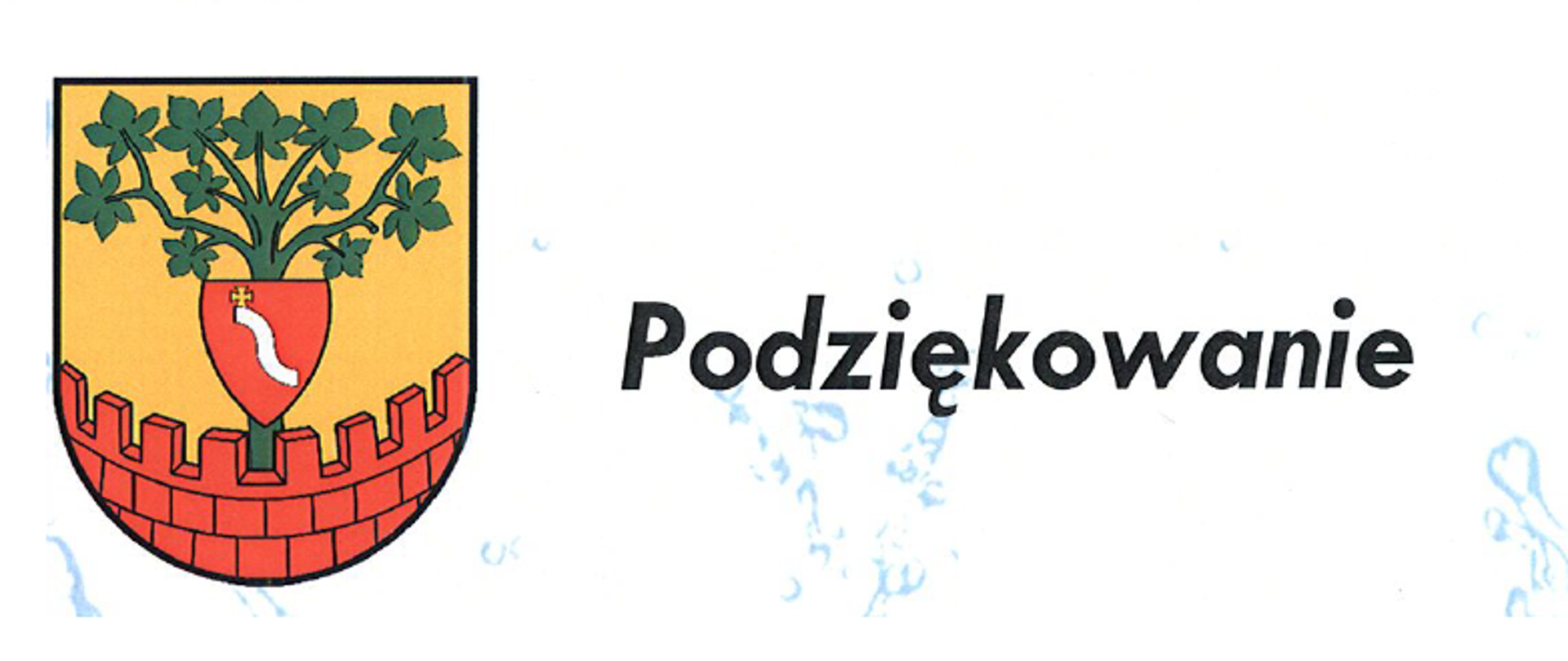 Zdjęcie przedstawia po swojej lewej stronie herb gminy Jawornik Polski a w części środkowej napis Podziękowanie. Całość znajduje się na białym tle na którym w sposób nieregularny pojawiają się błękitne wzory.