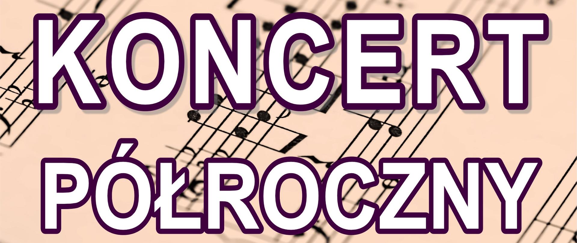 Afisz informujący o koncercie półrocznym uczniów ZPSM w Bochni. Jasne tło z elementami zapisu nutowego i klawiatury fortepianu, u góry logo ZPSM w Bochni, poniżej białymi literami napis:,, Koncert Półroczny uczniów Zespołu Państwowych Szkół Muzycznych w Bochni’’, na dole napis:,, Sala Koncertowa ZPSM w Bochni, 30 stycznia 2026 godz. 18:00.