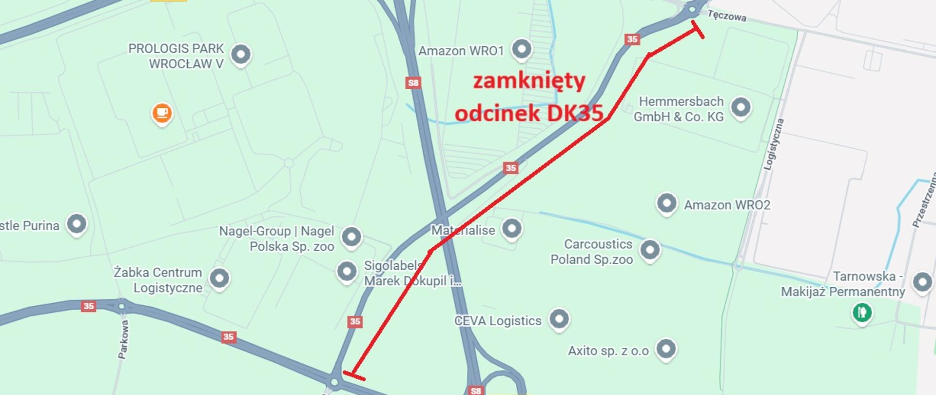 na zdjęciu jest mapa pokazująca zamknięcie fragmentu DK35 pomiędzy Bielanami Wrocławskimi a Tyńcem Małym