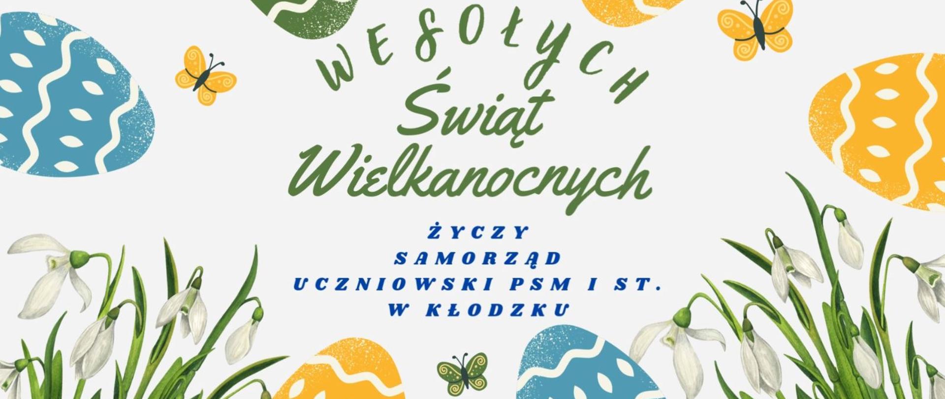 Życzenia na białym tle z życzeniami samorządu uczniowskiego z grafiką jajek świątecznych