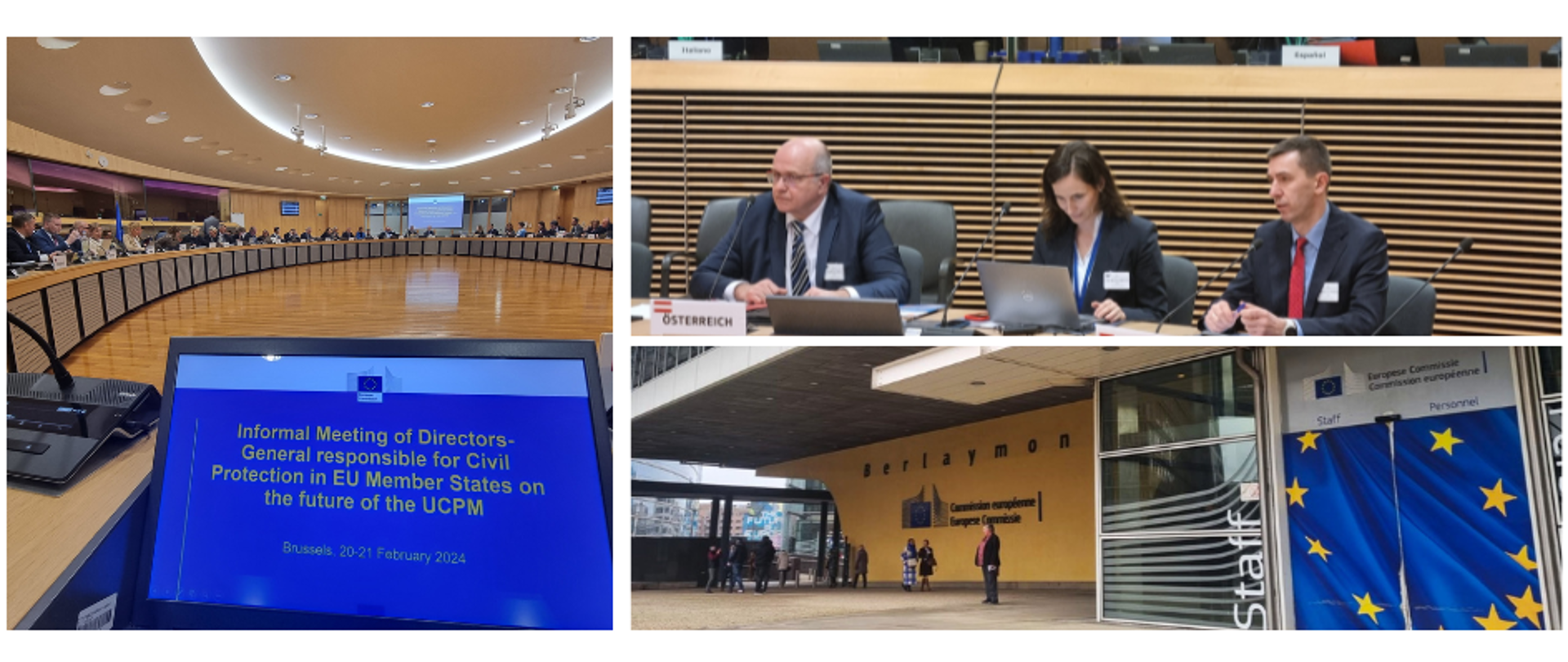 Kolaż 3 zdjęć: z wizerunkiem uczestników siedzących na sali podczas obrad, z wizerunkiem wejścia do budynku Komisji Europejskiej oraz z wizerunkiem Komendanta Głównego i siedzących obok niego jeszcze dwóch osób