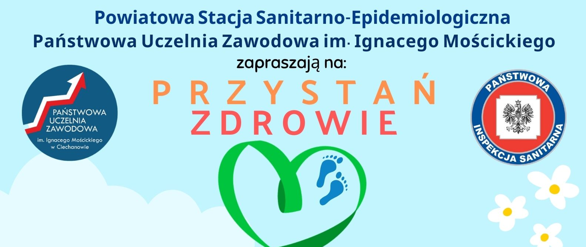 Plakat Przystan Zdrowie z datą i logo PSSE Ciechanów i PUZ Ciechanów