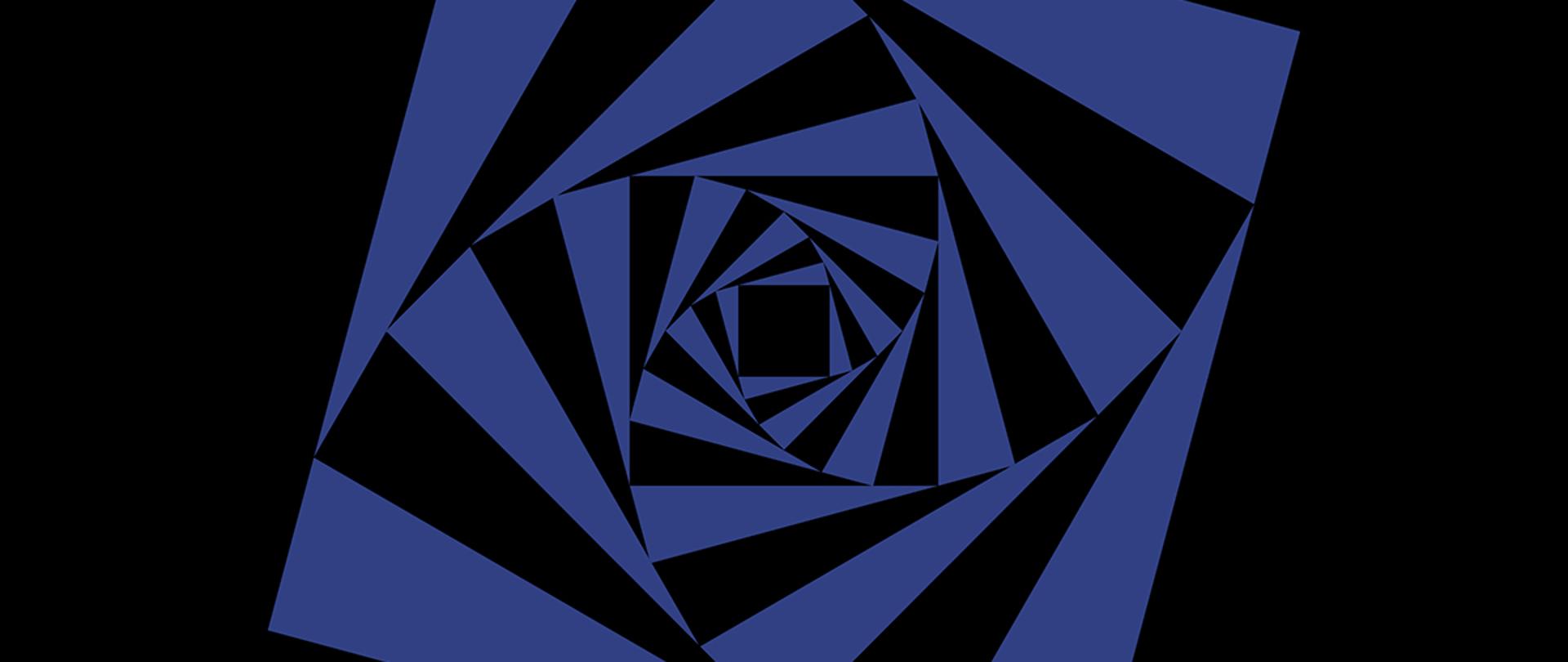 Niebieski kwadrat w centralnej części na czarnym tle. W nim kolejne kwadraty naprzemiennie czarne i niebieskie tworzące iluzjonistyczny tunel.