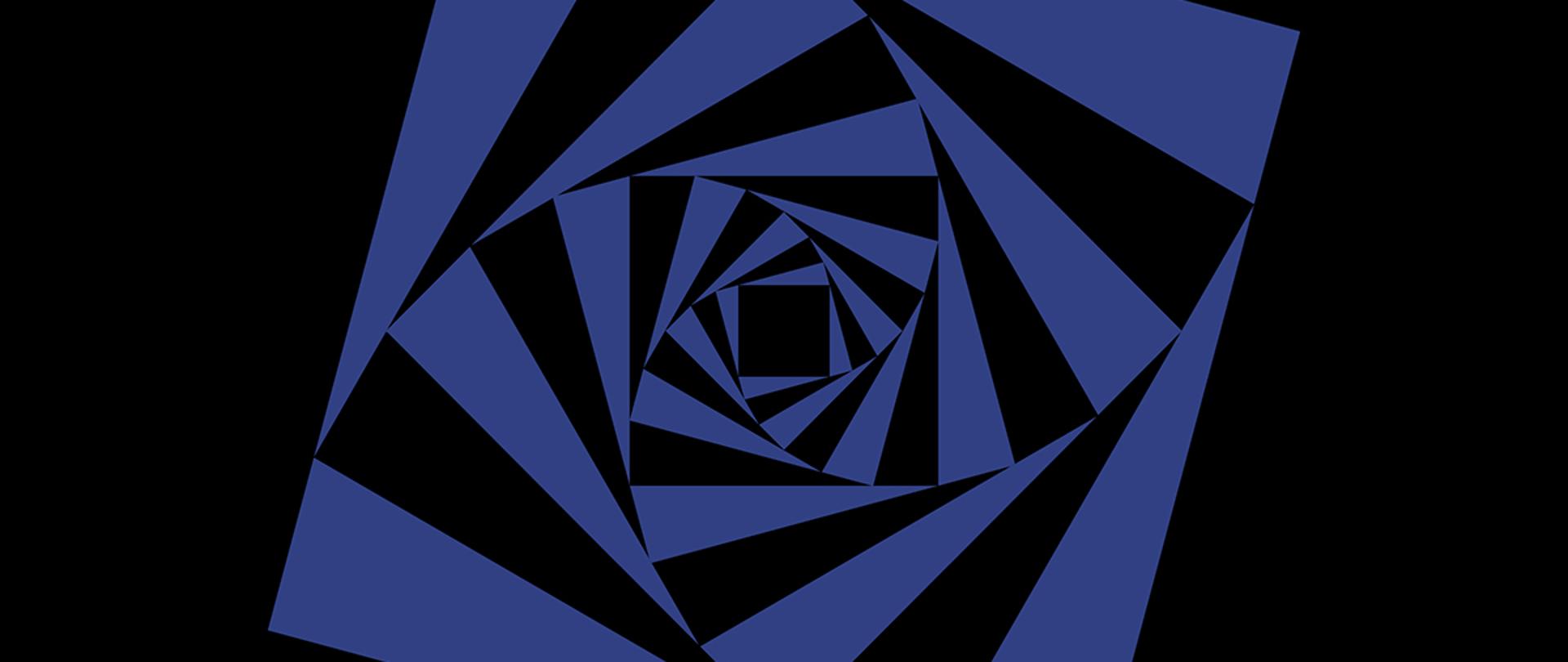 Niebieski kwadrat w centralnej części na czarnym tle. W nim kolejne kwadraty naprzemiennie czarne i niebieskie tworzące iluzjonistyczny tunel.