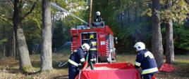 Zdjęcie przedstawia wóz strażacki nad punktem czerpania wody. Strażacy podają wodę z działka z samochodu na las. Wodę zasysają ze pomocą węży ssawnych do samochodu z czerwonego zbiornika brezentowego.