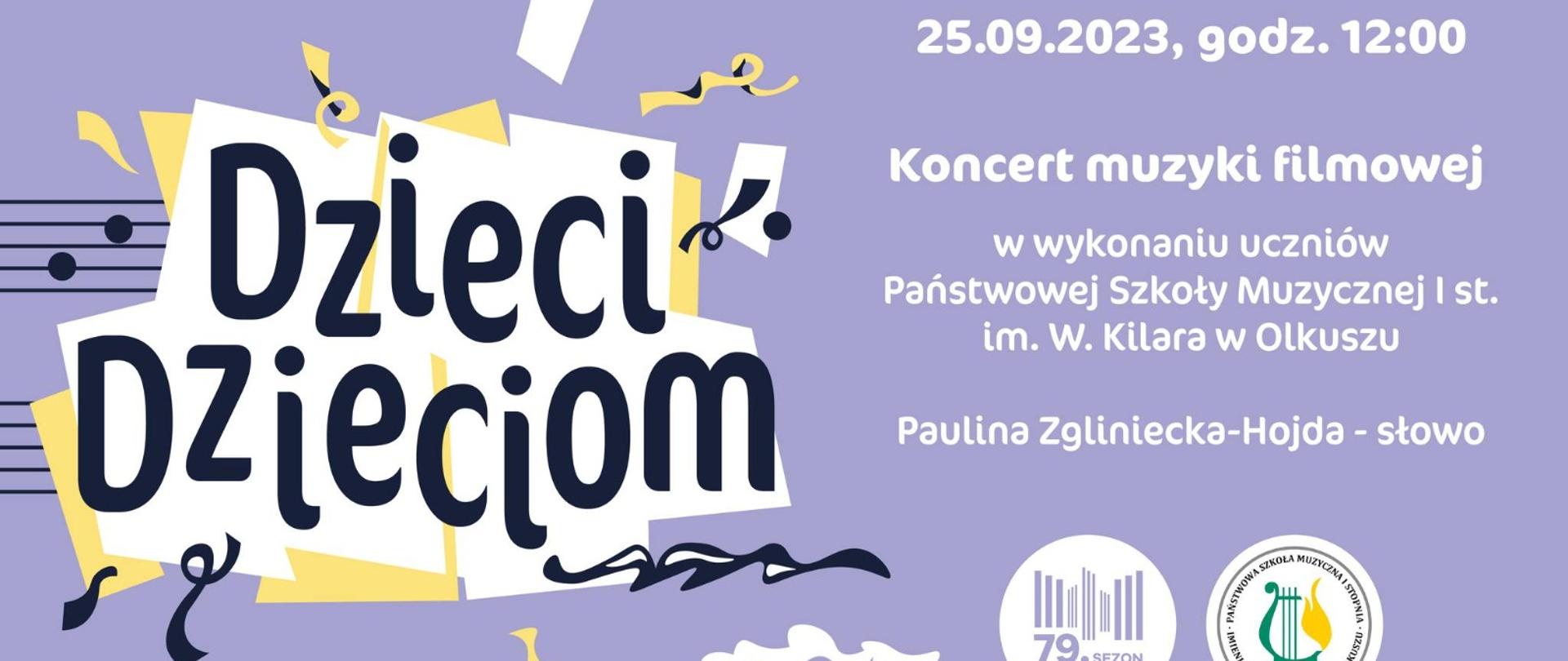 fioletowe tło, białe i czarne napisy, logotypy