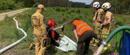 Funkcjonariusze analizują mapę terenu podczas działań w lesie.