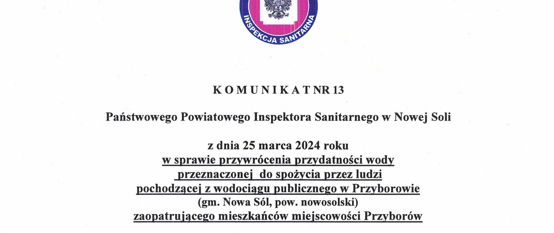 Komunikat nr 13 przywrócenie przydatności Przyborów