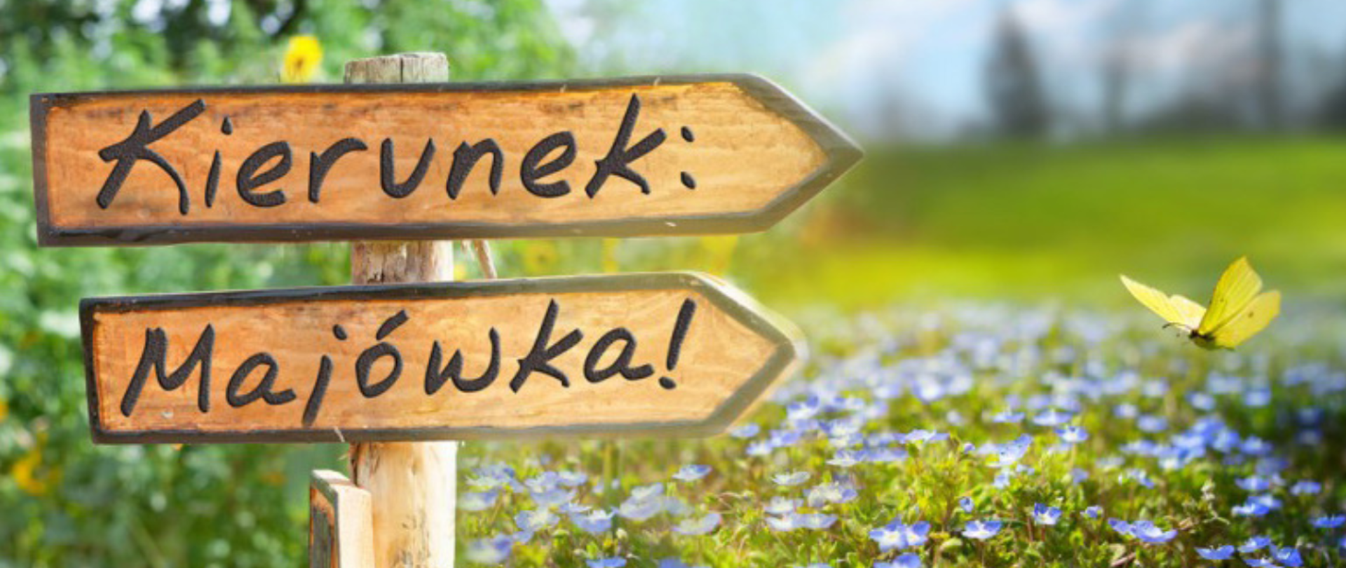 Tło obrazka przedstawia łąkę ukwieconą na niebiesko. Po lewej stronie stoi drogowskaz, a na nim czarny napis: "kierunek: Majówka!". Po prawej stronie lata żółty motylek.